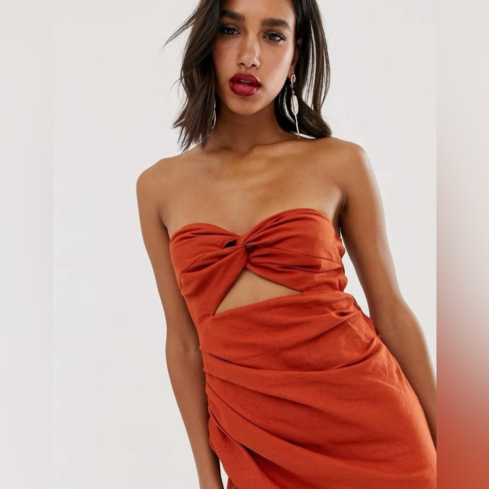 ASOS DESIGN Rust Linen Blend Bandeau Twist Front Draped Midi Dress US 2 - Picture 4 of 11